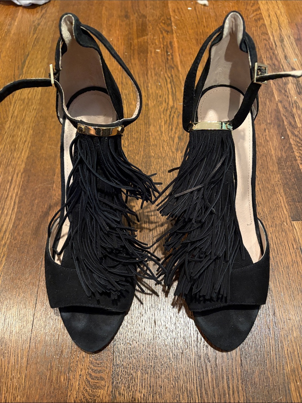 Louise et Cie Black Fringe Open-Toe Heels with Gold Accent